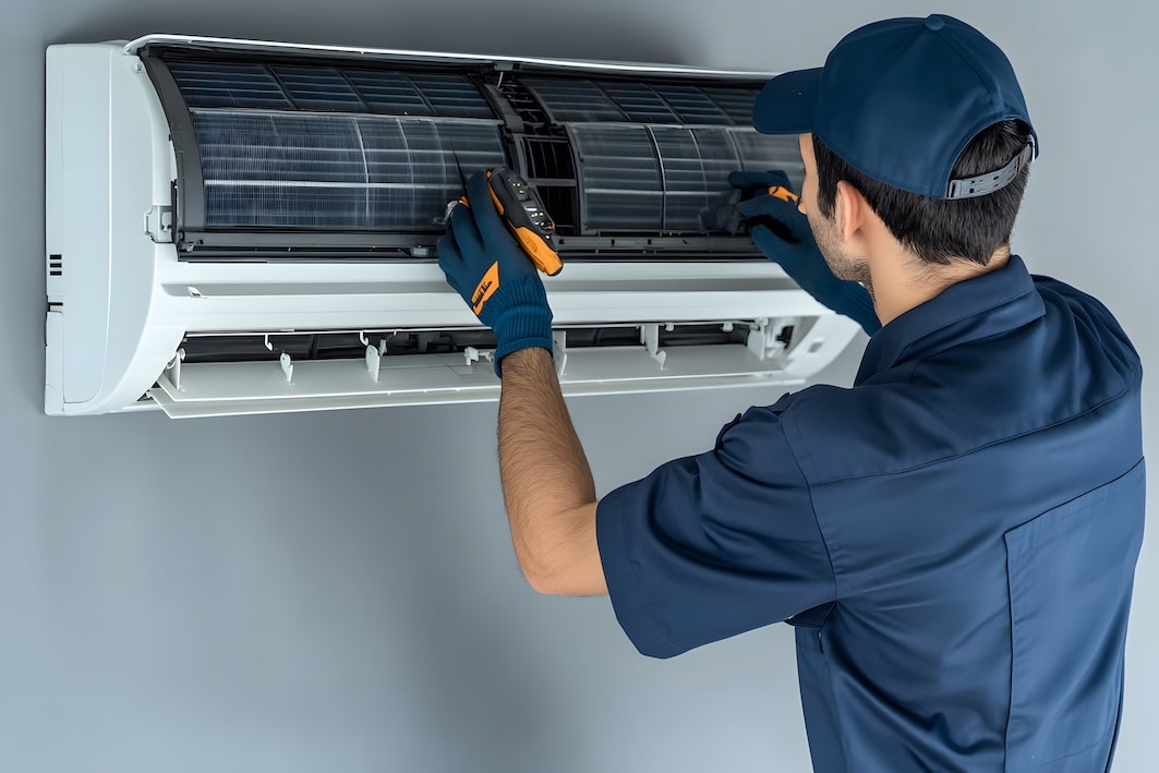 An air conditioning technician is repairing air conditioners in the room